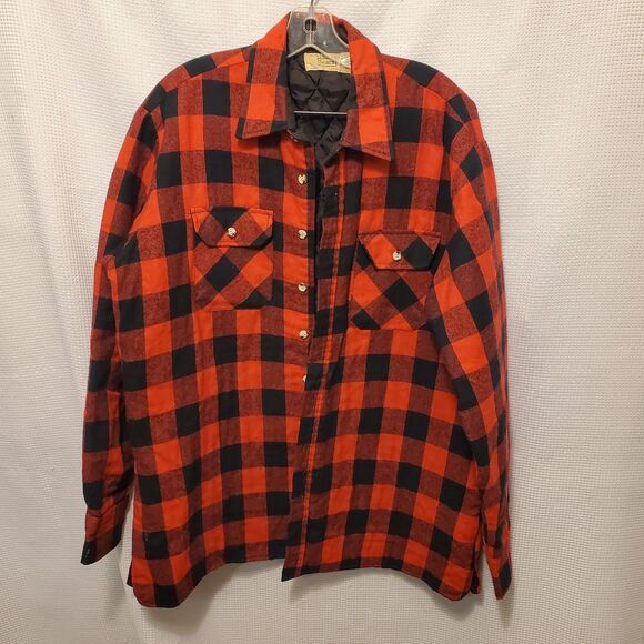 Vtg 70s Sears Quilted Flannel Shirt Shacket Jacket Mens XL/XT Tall Red Black - Picture 1 of 7